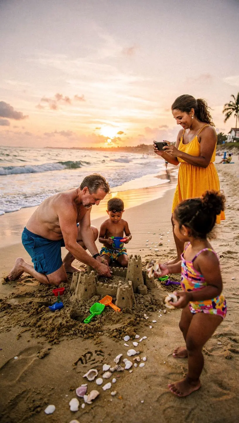 Rodzina planująca wakacje przy stole, otoczona przewodnikami i materiałami promocyjnymi.