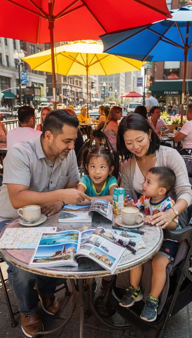 Rodzina podróżująca razem, trzymająca się za ręce na tle pięknego krajobrazu.